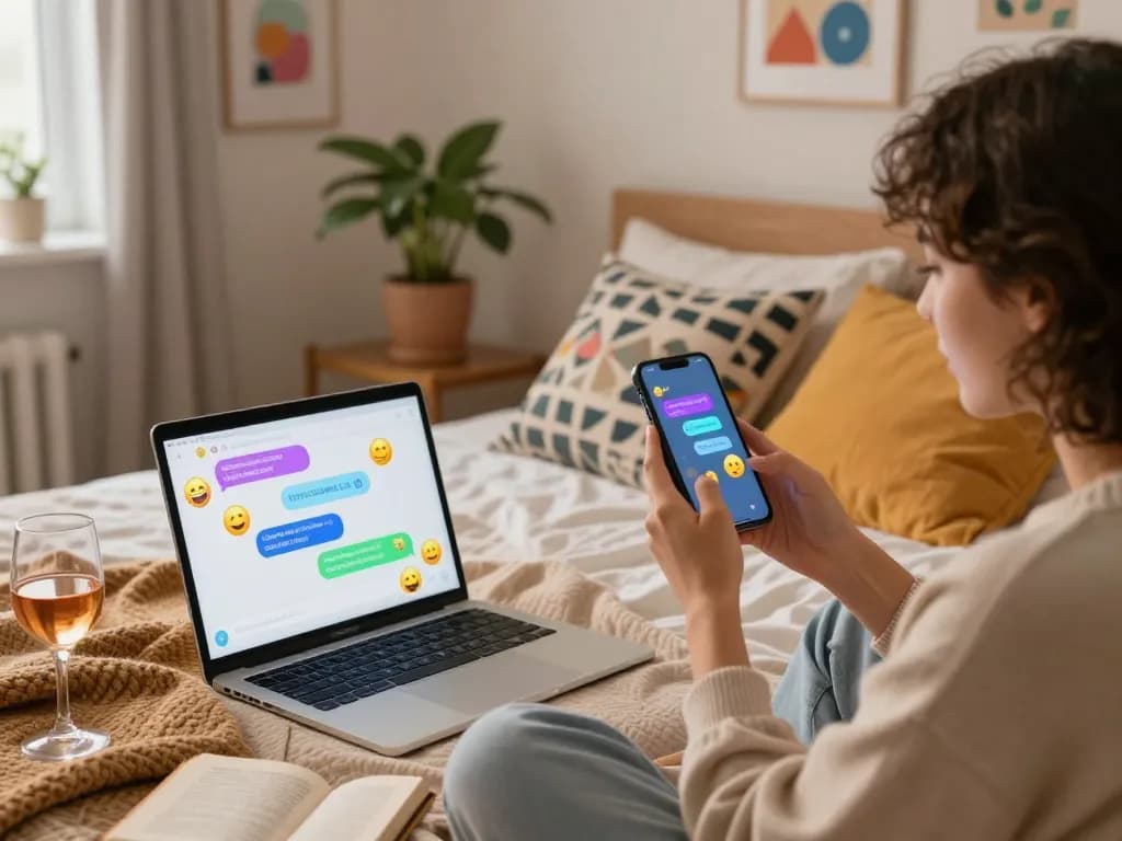 Sexting AI interaction in a cozy bedroom with a smartphone and laptop.
