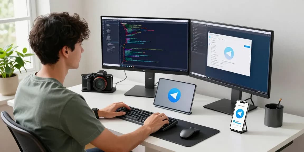 Download Telegram with ease in a modern tech workspace showcasing a developer actively engaged with the app.