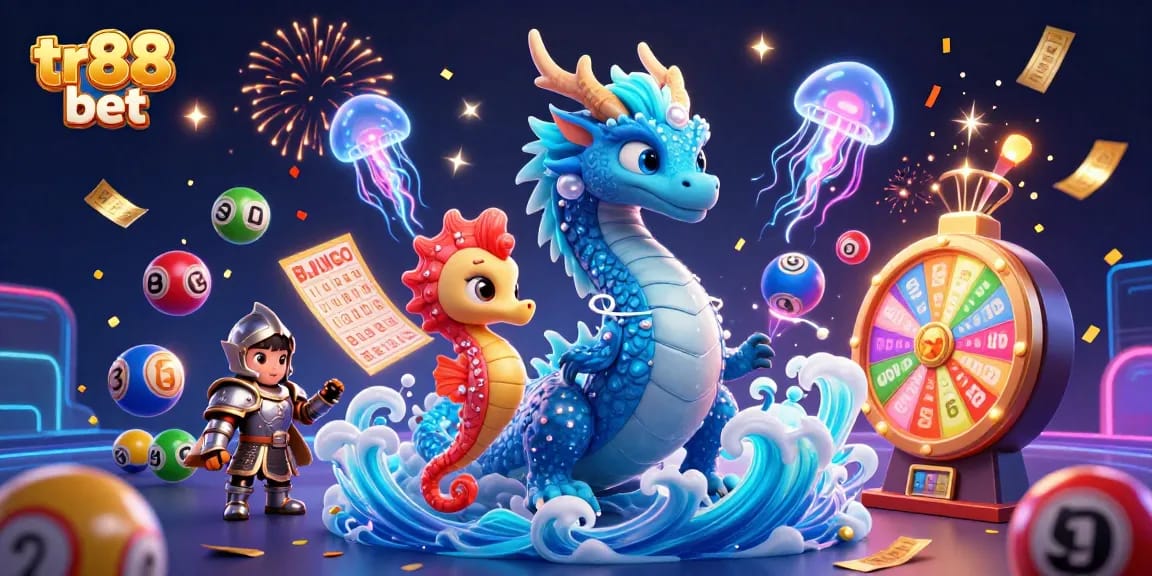 Experience thrilling gameplay with tr88 bet as an azure water dragon and coral knight dance among colorful lottery symbols.