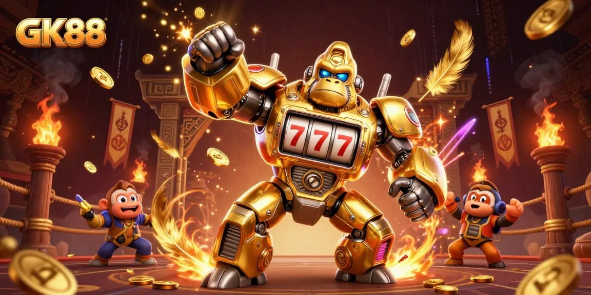 Engage with GK88 in a thrilling casino adventure, featuring a golden gorilla mech and dynamic betting elements.