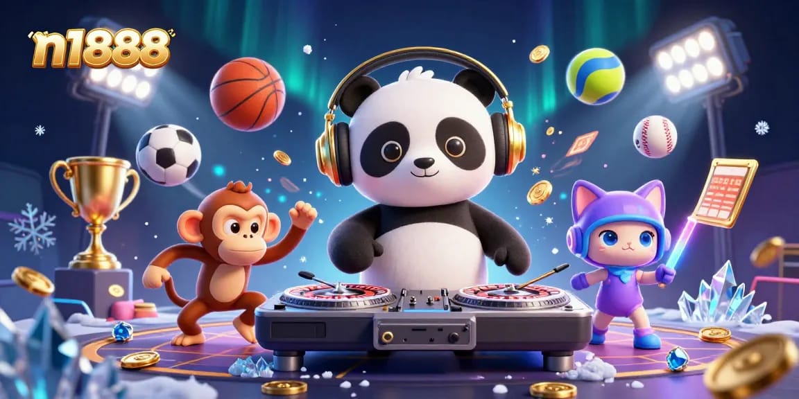 Engage with n1888 as a DJ panda spins roulette-inspired turntables in a vibrant casino scene.