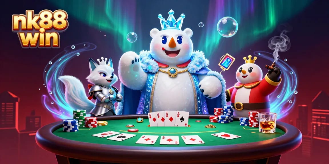 Experience thrilling nk88 win action in this vibrant casino scene with cartoon characters and poker elements.