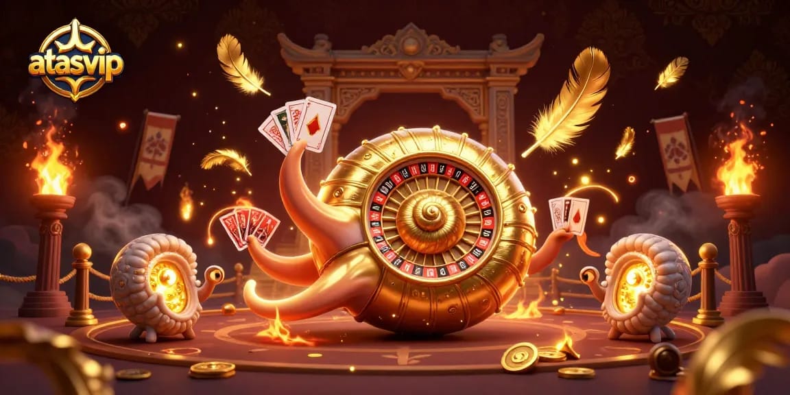 Engage with the dynamic world of atasvip through vibrant casino illustration featuring a giant nautilus roulette and glowing companions.