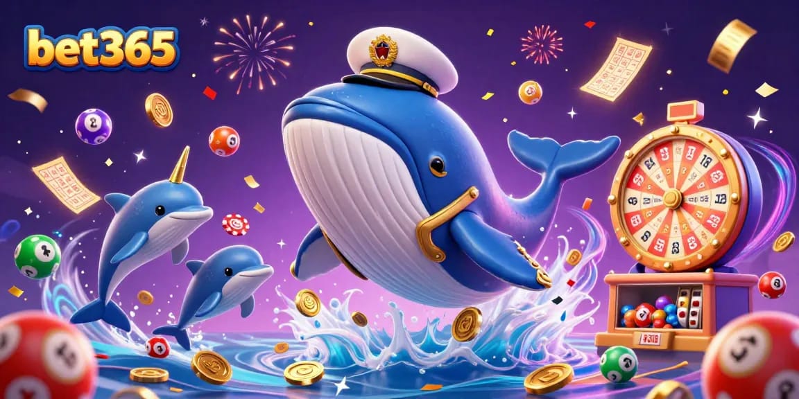 Engage with bet365's iconic gaming elements featuring a whale and vibrant casino themes.