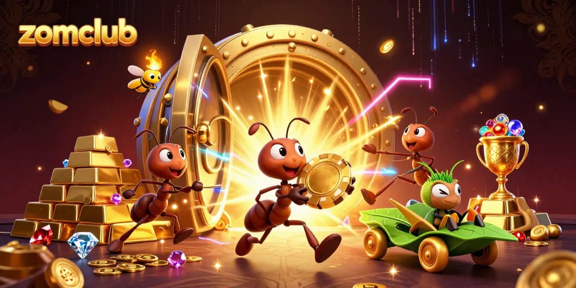 Zomclub ants in a heist, racing with a giant poker chip amidst treasure and casino gems.