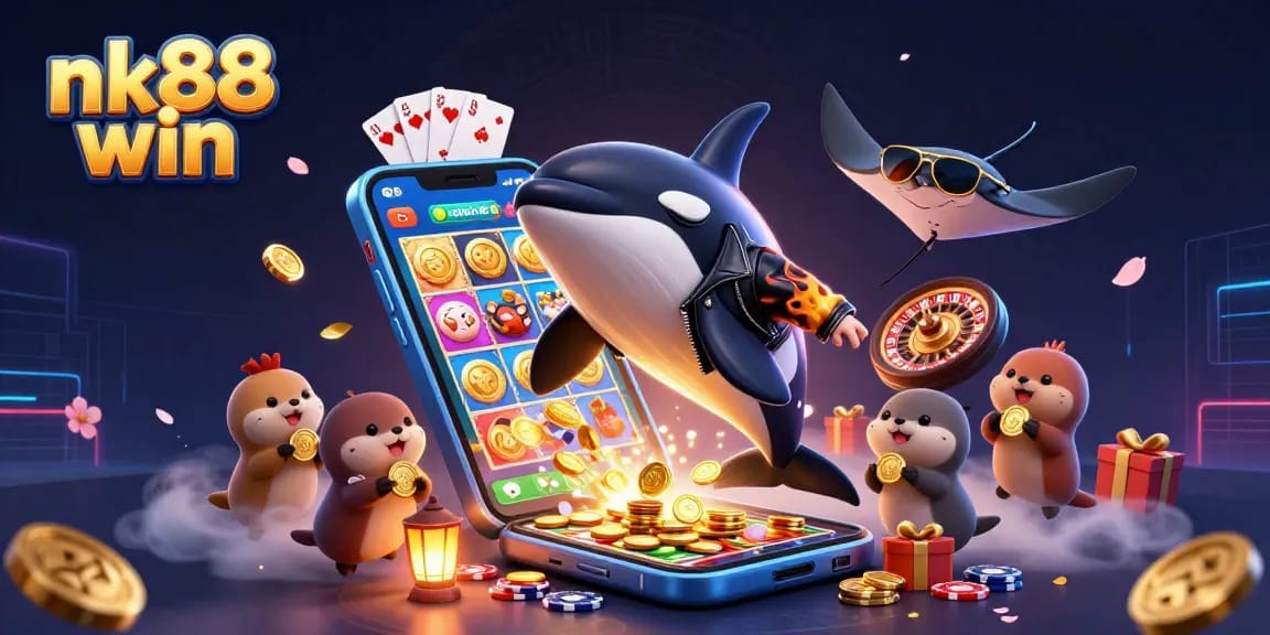 Nk88 win showcases a thrilling scene with an orca, stingray, and otters enjoying vibrant casino games.