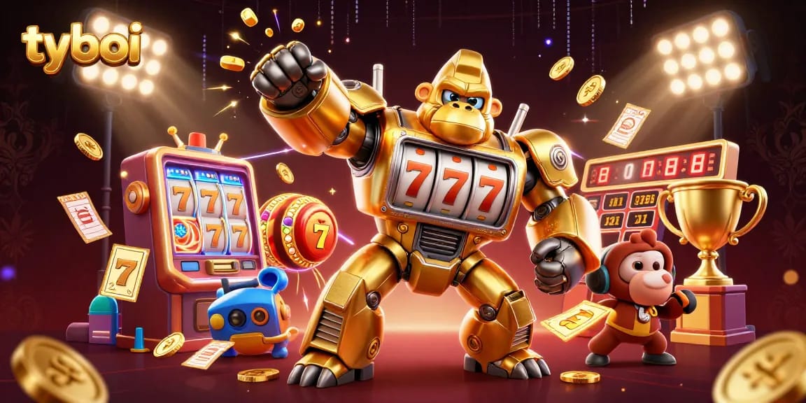 Spin to win at TYBOI, showcasing a dynamic golden gorilla mech with slot machines.
