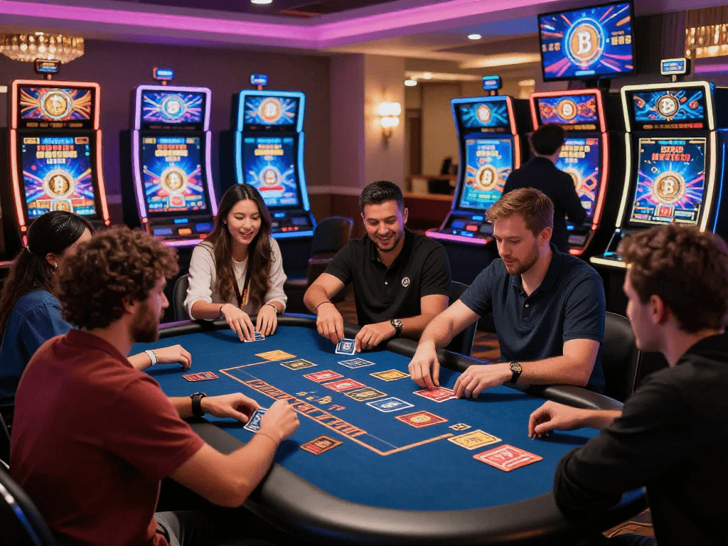 Exciting crypto casino scene with diverse players engaging in digital games under colorful lights.