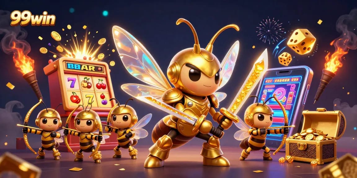 Join the 99win casino adventure with a dazzling slot machine explosion and vibrant characters!
