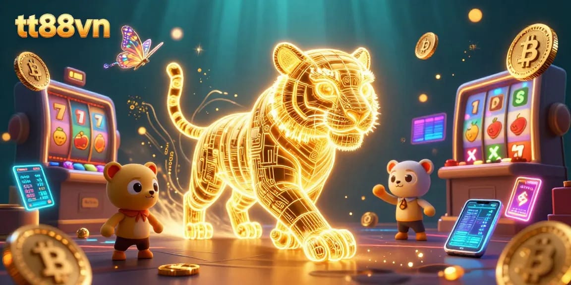 Join the excitement at tt88vn, with a vibrant 3D casino scene featuring a golden tiger and slot reels.