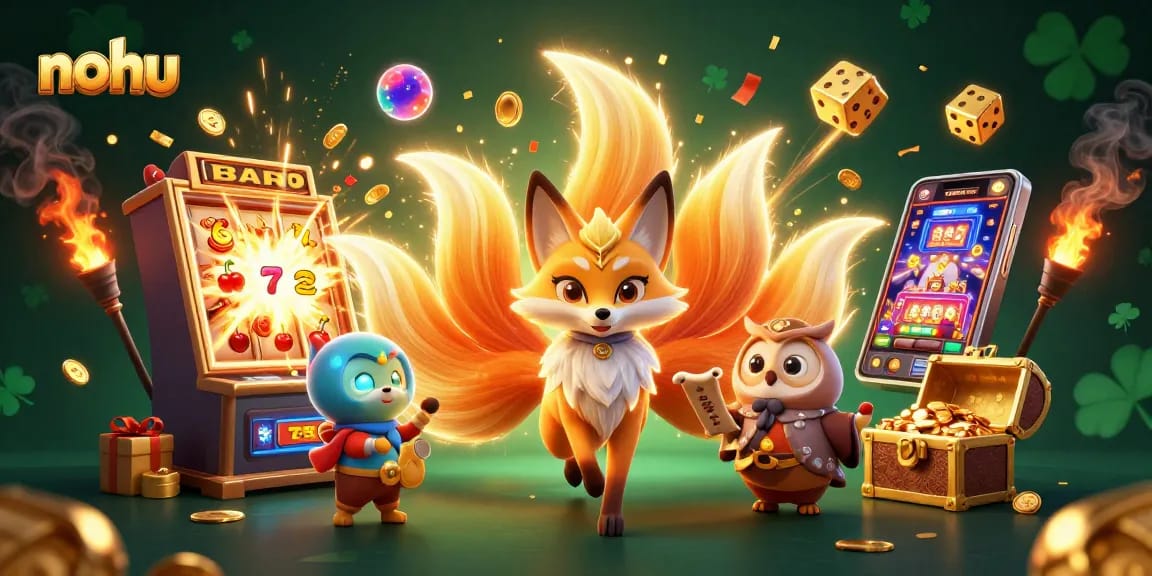 Engage in thrilling slot gaming with nohu, featuring a vibrant 3D nine-tailed fox spirit and glowing jackpot elements.