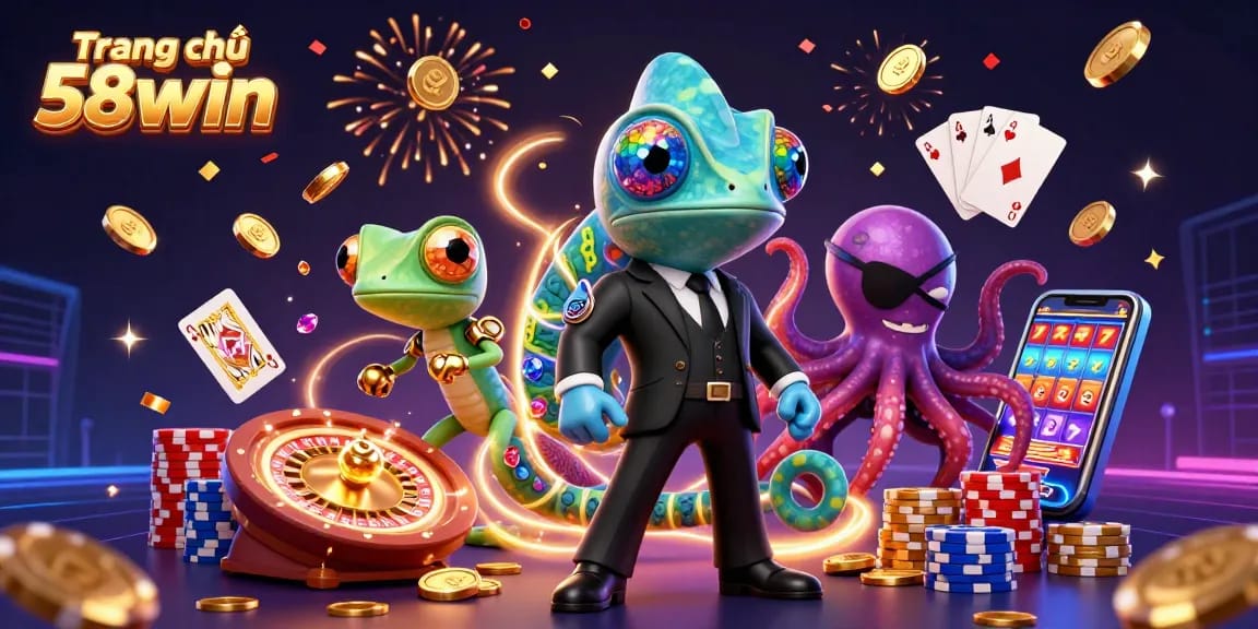 Engage with Trang chủ 58win's vibrant casino action featuring bustling characters and golden treasures.