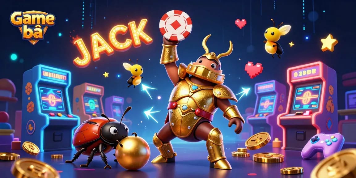 Engage in the excitement of Game bài with a victorious beetle hero surrounded by neon casino elements.