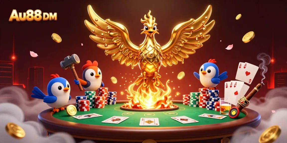 Engage with dynamic gambling action at Au88 DM, featuring a golden phoenix and poker elements.