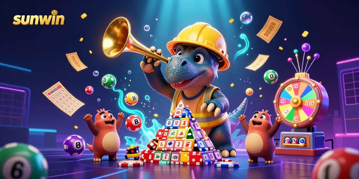 Experience the excitement of sunwin with a vibrant 3D scene celebrating gambling wins.