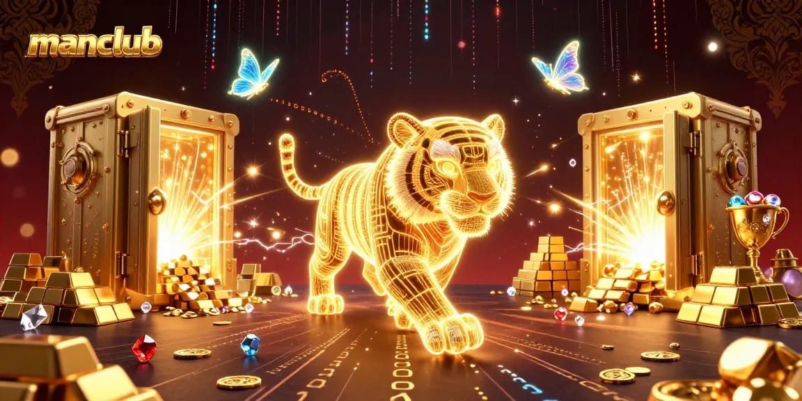 Experience thrilling wins at Manclub with a dazzling casino landscape featuring a glowing golden tiger.