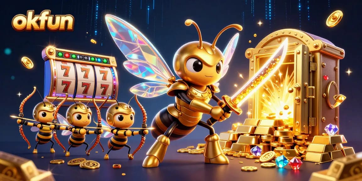Engage with OKFUN as the golden hornet leads an exciting online casino adventure rich in gems and jackpots.