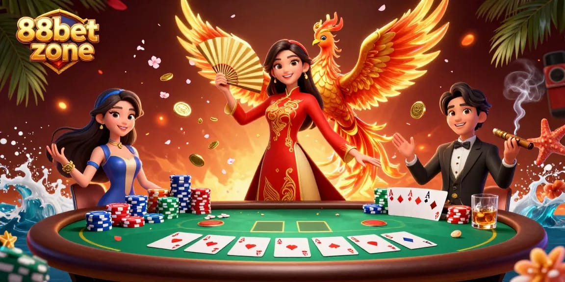 Experience excitement at 88bet zone with a glamorous poker scene featuring vibrant characters and game elements.