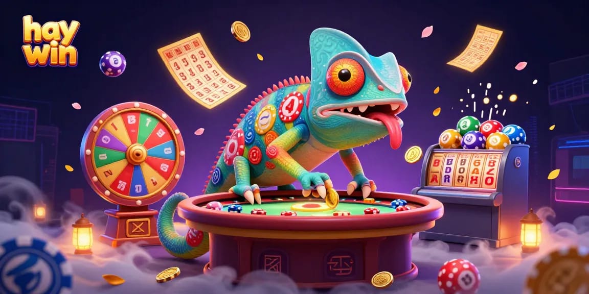 Engage in exciting gameplay at hay win with vibrant lottery balls and a chameleon casino owner in a dynamic casino scene.