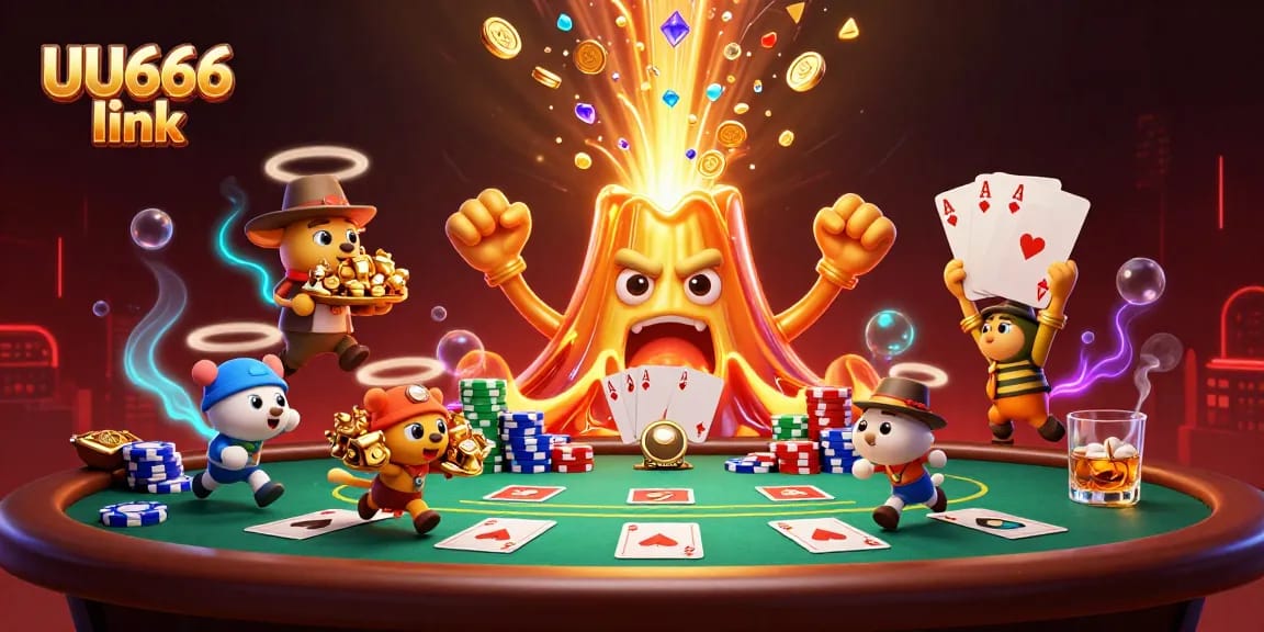 Engage with UU666 link for exciting casino adventures featuring a golden volcano, poker elements, and treasure exploration.