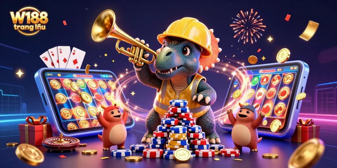 Experience gaming excitement at W188 trang chủ with a colorful casino scene featuring cheerful characters and dynamic elements.