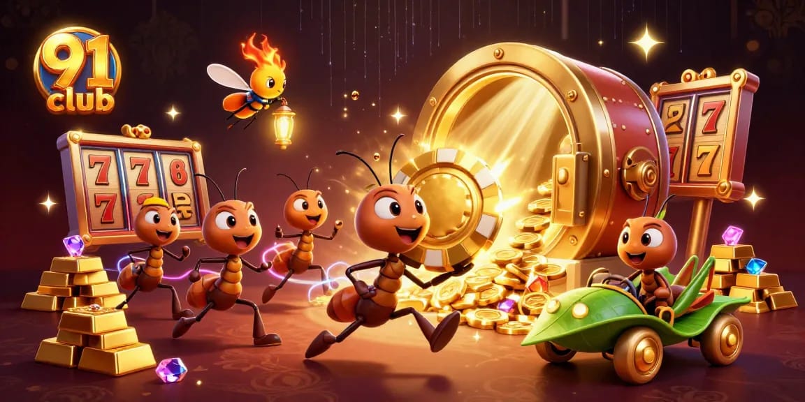 Engage in thrilling games at 91 club with golden poker chips and vibrant slot elements.