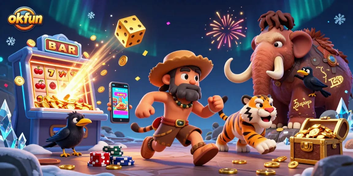 Experience thrilling action at okfun’s casino with a caveman and sabertooth tiger duo amidst vibrant slot machines.
