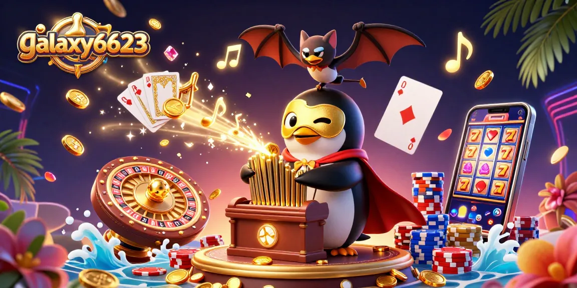 Experience thrilling gameplay at galaxy6623 with a vibrant scene of a penguin organist amid cascading gold.