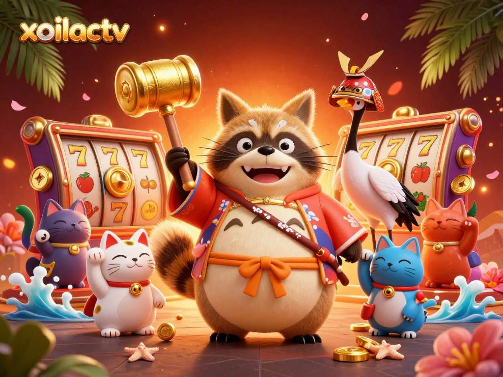 Play slots and win with xoilactv in a vibrant casino festival scene featuring lucky symbols.