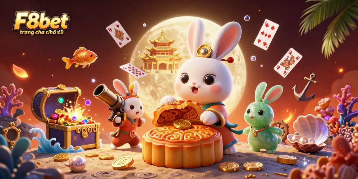 Experience the excitement of F8bet trang chủ chính thức with this vibrant 3D scene of lunar-themed gambling.