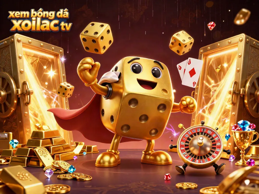 Xem bóng đá xoilac tv illustrated scene with a golden dice golem and sports betting elements.