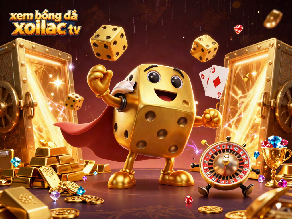 Xem bóng đá xoilac tv illustrated scene with a golden dice golem and sports betting elements.