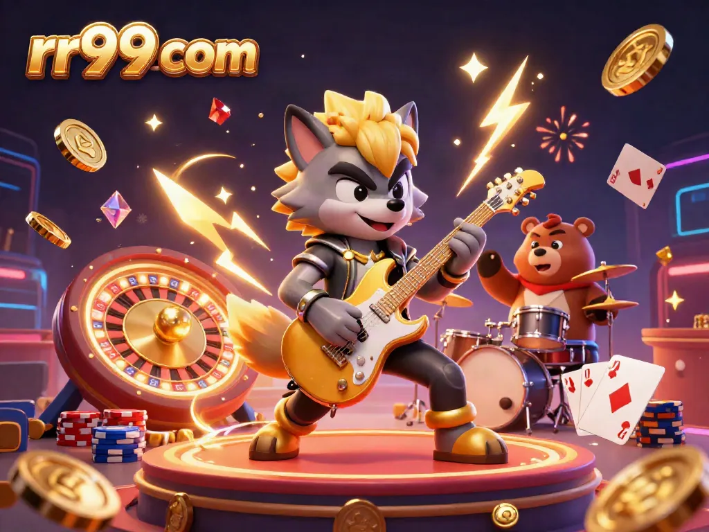 Shred guitar on stage surrounded by casino elements, featuring rr99 com and vibrant graphics.