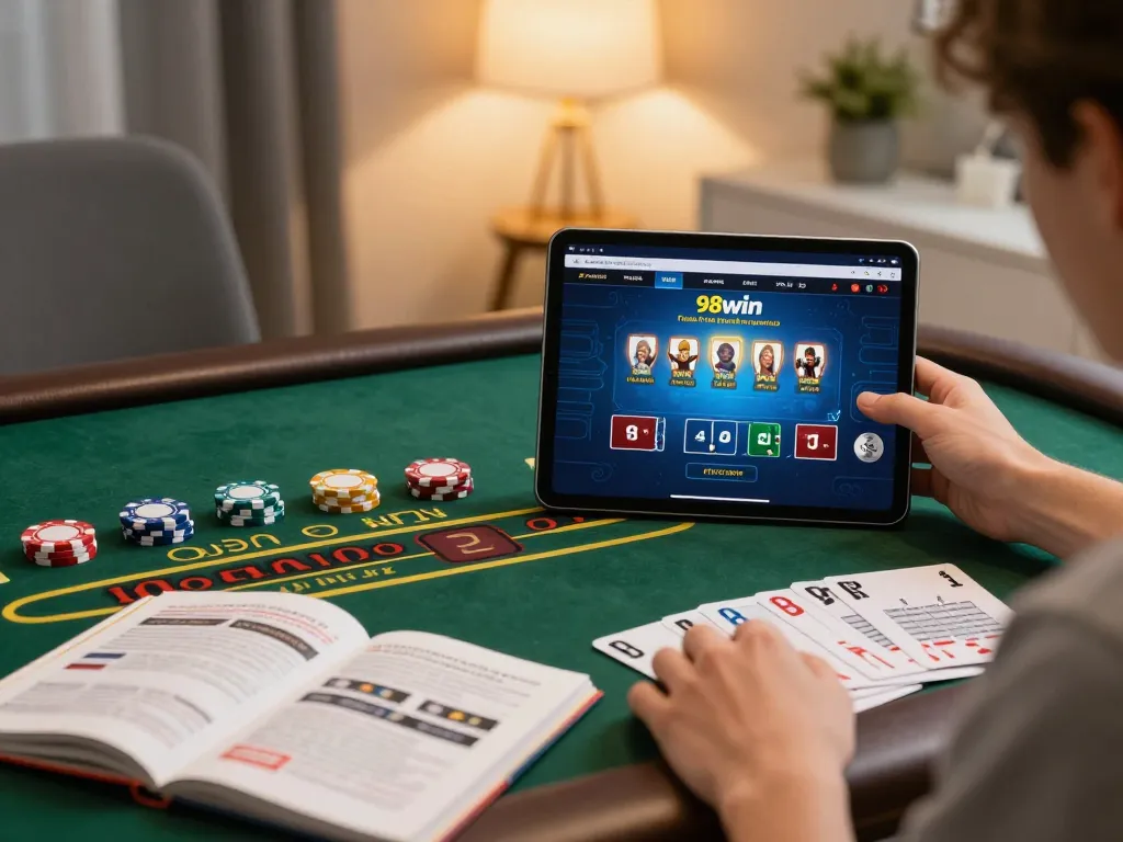 Player enjoying exciting blackjack gameplay on 98win, highlighting strategic betting decisions in a cozy home