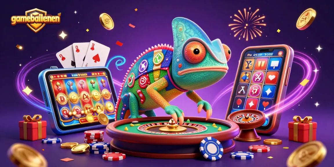 Join the action with gamebaitienlen as the chameleon owner captures winning golden coins in a lively casino.