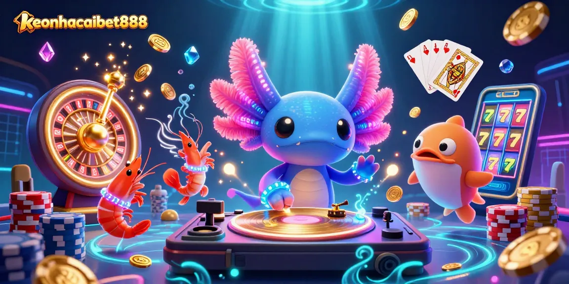 Spin the reels and win with keonhacaibet888, featuring illustrated casino characters and dynamic elements.