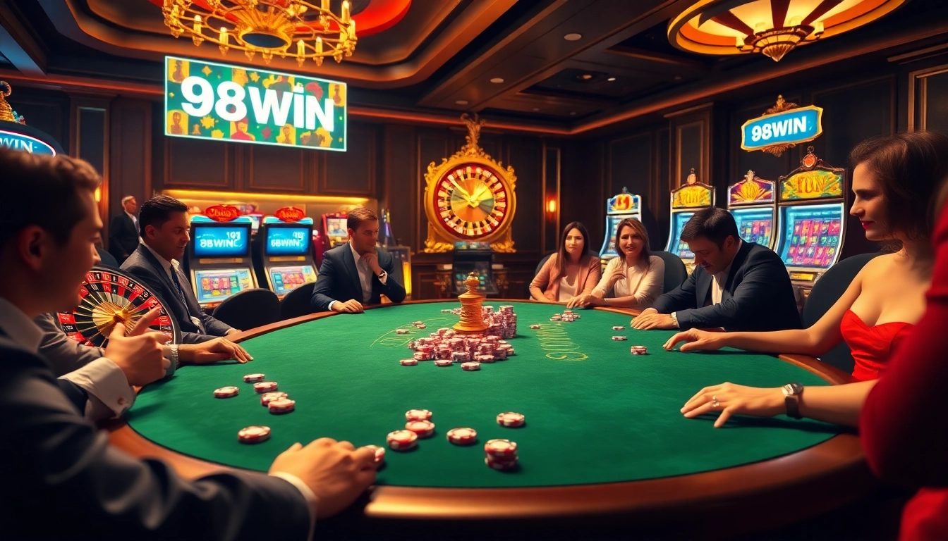 Players engaging at a casino table, experiencing the thrill of 98WIN gaming.