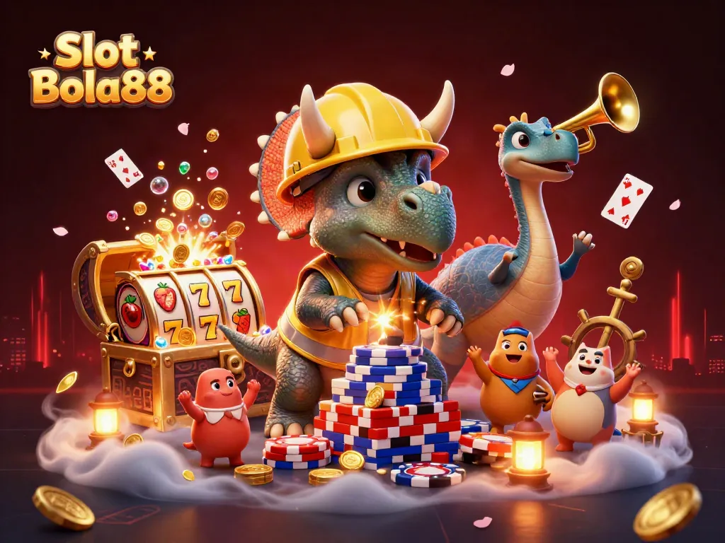 Engage with Slot Bola88's vibrant gaming experience, featuring a triceratops and lively casino elements.