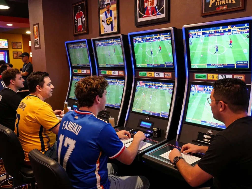 Excited bettors strategizing and placing bets at TA88 sports betting area, showcasing dynamic gaming atmosphere.