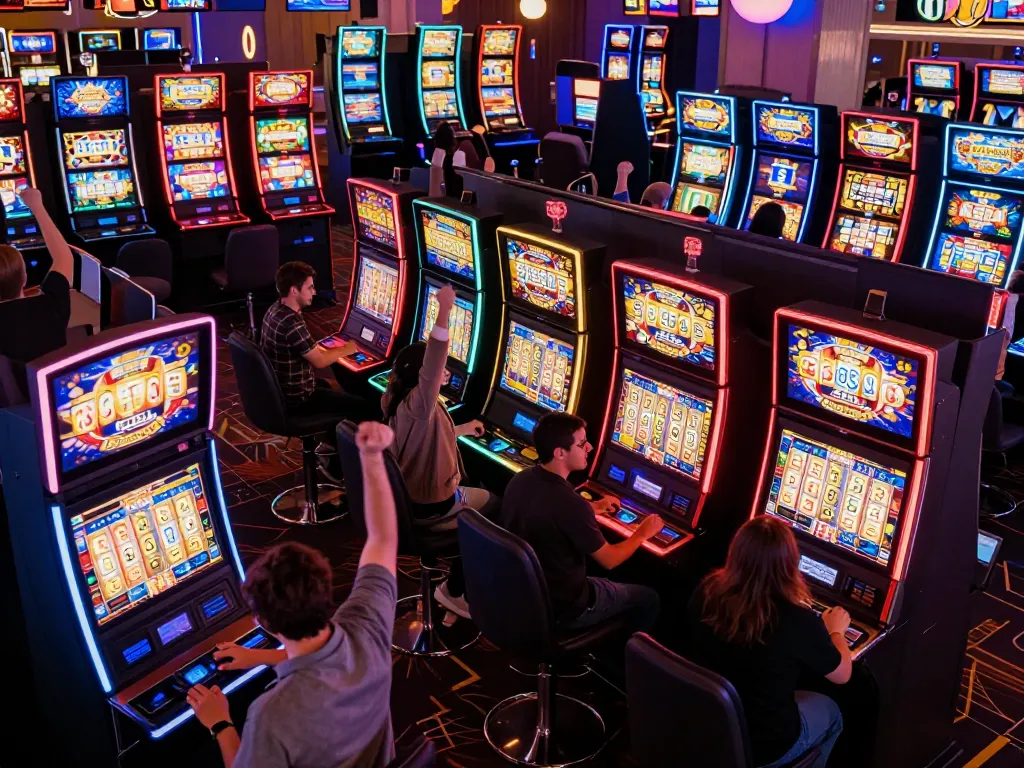 Engagerande spelupplevelse på ett casino utan spelpaus med spelare som firar vinster på färgsprakande spelautomater.