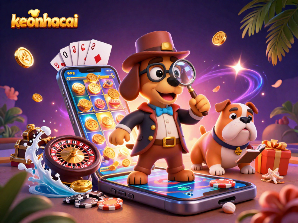 Engage in keonhacai betting with a detective and bulldog at a vibrant casino scene.