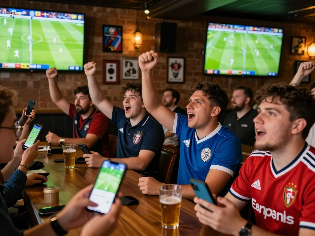 Fans enjoying a football match while checking bets on the 28bets app in an energetic sports bar.