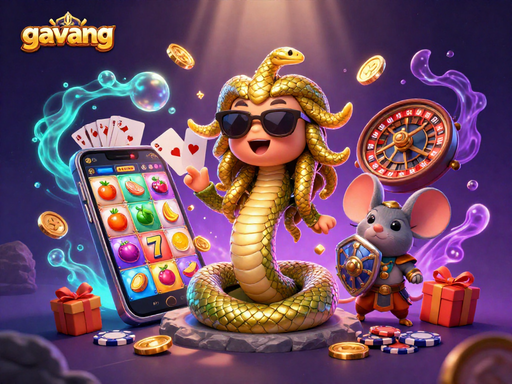 Experience thrilling slots with gavang in this colorful 3D casino scene featuring Medusa and a warrior mouse.