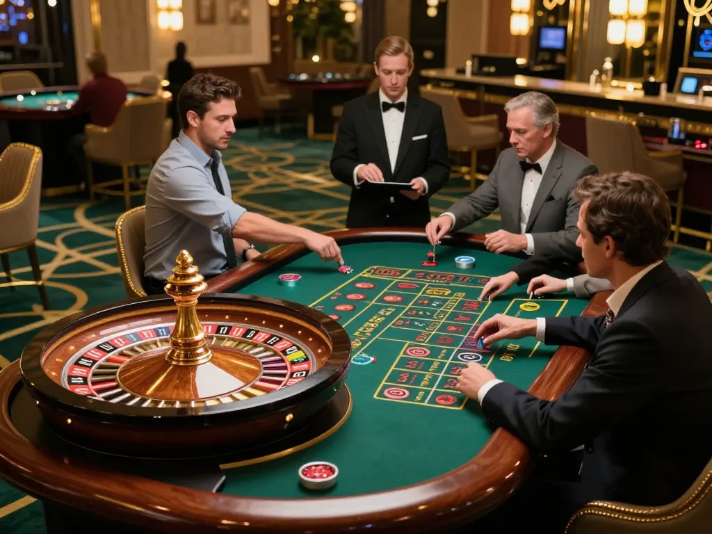 Players engaging with the roulette table at a premium casino, showcasing excitement in the game and strategically betting a yo88.