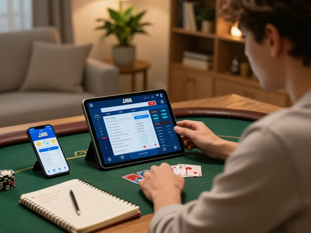 Playing poker on a tablet while using the JJ88 app for online betting in a cozy home.