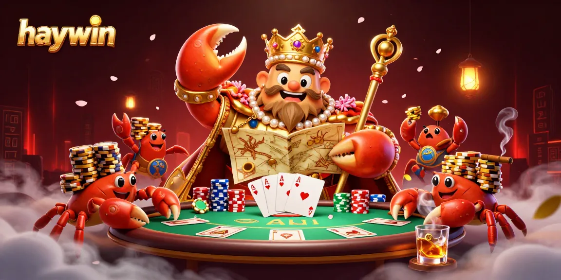 Experience the excitement of Haywin as the golden crab emperor commands the game table with poker chips and cards.