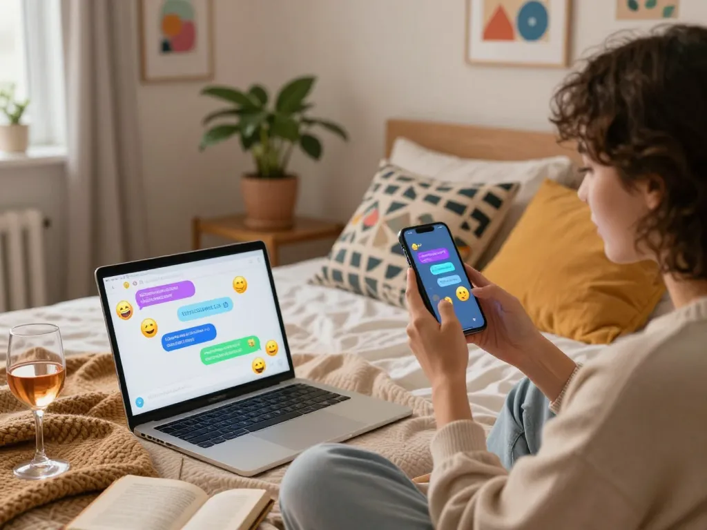 Sexting AI interaction in a cozy bedroom with a smartphone and laptop.
