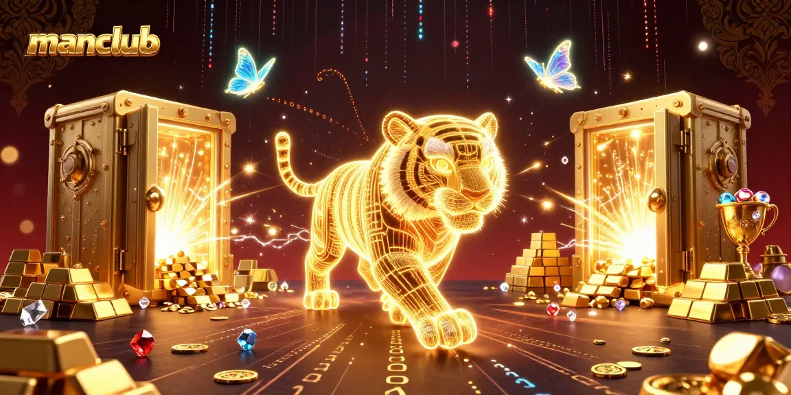 Experience thrilling wins at Manclub with a dazzling casino landscape featuring a glowing golden tiger.