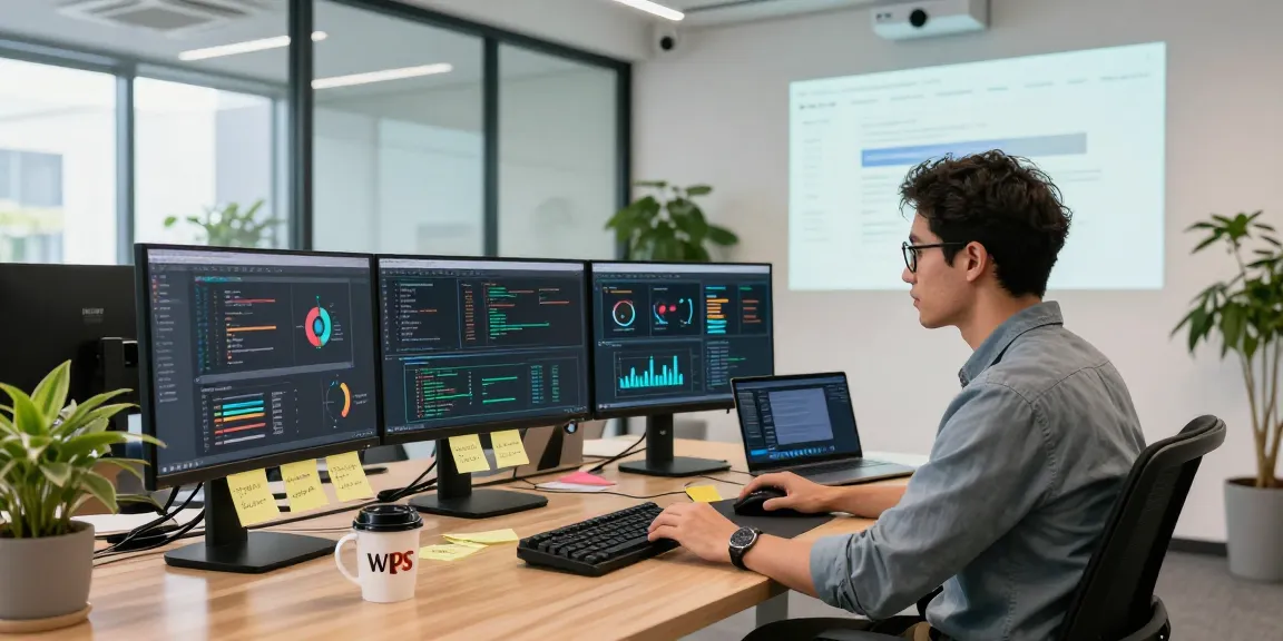WPS Download interface displayed at a modern tech workspace with professional engaged in software development.
