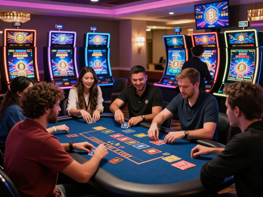Exciting crypto casino scene with diverse players engaging in digital games under colorful lights.